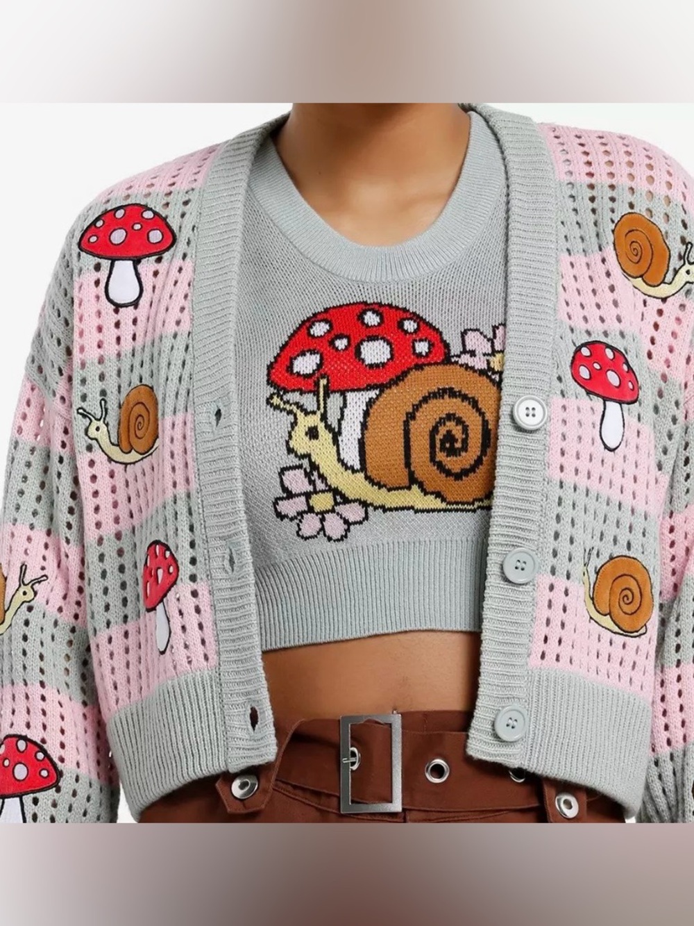 HOT TOPIC Snail & Mushroom Cropped Knit Sweater Set cardigan tank NEW duo